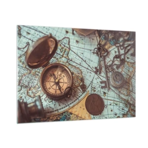 Impression sur verre - Image sur verre - Une boussole antique sur fond de carte et de clés antiques. - 100x70cm - Pour ceux qui recherche l'aventure - Décoration murale moderne pour le salon et la chambre ARTTOR