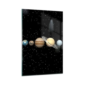 Impression sur verre - Image sur verre - Le système solaire avec des planètes sur fond d'étoiles dans l'espace - 80x120cm - Et les planètes sont folles, sont folles... - Décoration murale moderne pour le salon et la chambre ARTTOR