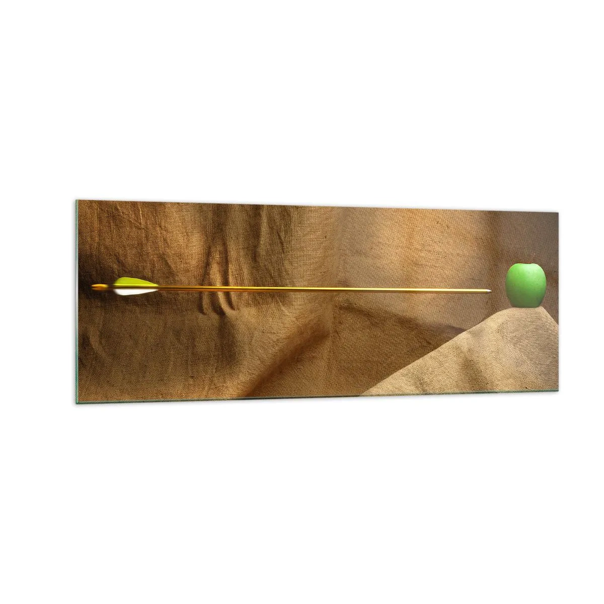 Impression sur verre - Image sur verre - Pomme verte sur tissu avec une flèche créant une composition - 140x50cm - Invoquer l'esprit de Guillaume Tell - Décoration murale moderne pour le salon et la chambre ARTTOR