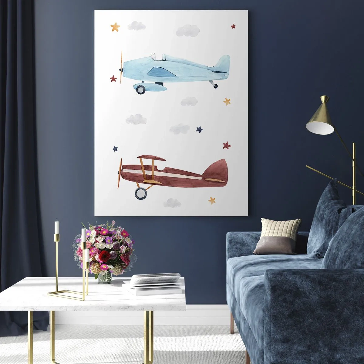 Impression sur verre - Image sur verre - Deux avions colorés parmi les étoiles et les nuages - 50x70cm - Monsieur le pilote, nous vous attendons ! - Décoration murale moderne pour le salon et la chambre ARTTOR
