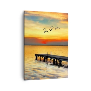 Impression sur toile - Image sur toile - Coucher de soleil avec un voilier et une jetée sur un lac calme - 50x70cm - Le soir revient - Décoration murale moderne pour le salon et la chambre ARTTOR