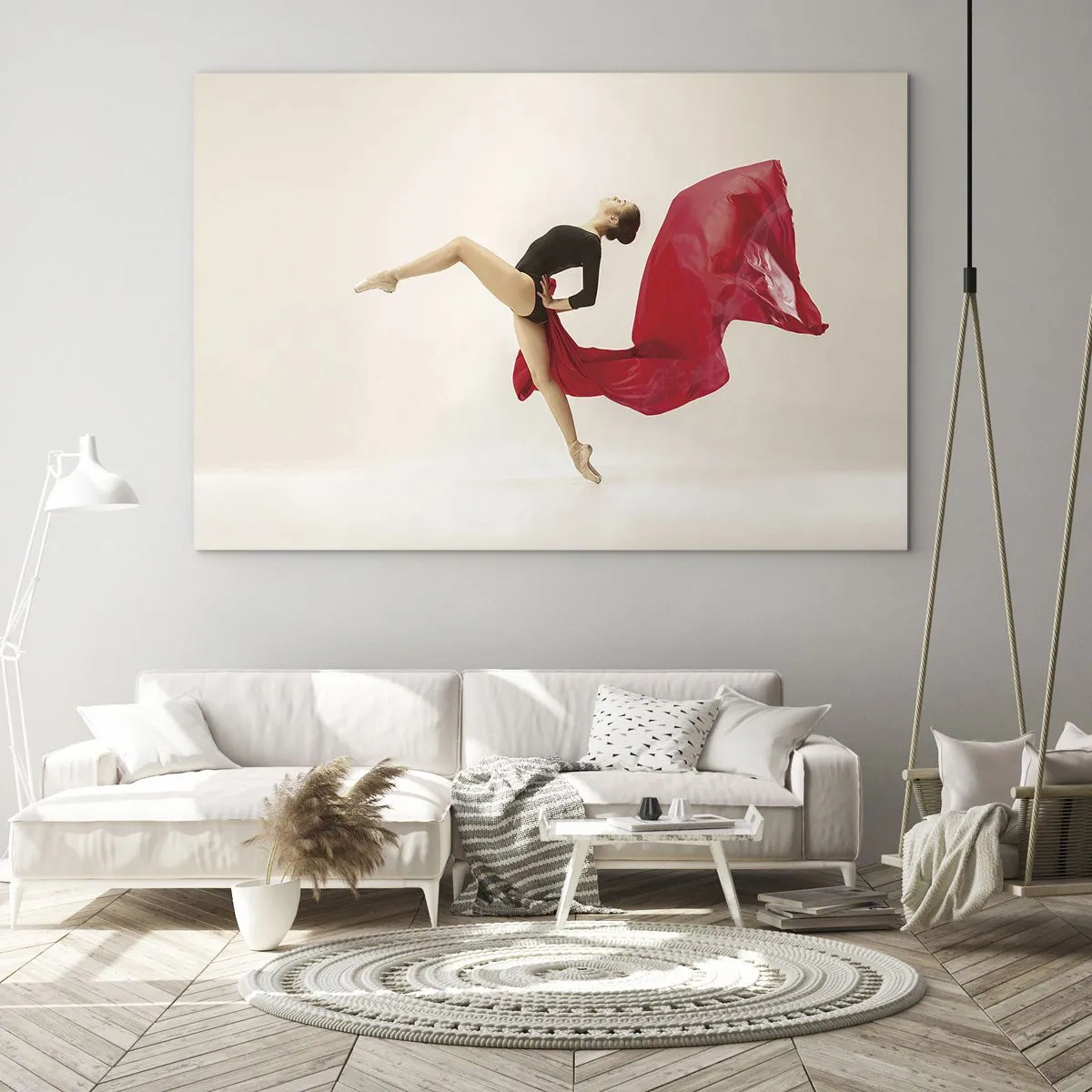 Impression sur verre - Image sur verre - Une danseuse dans un saut dynamique avec du tissu rouge - 70x50cm - Rouge et noir - Décoration murale moderne pour le salon et la chambre ARTTOR