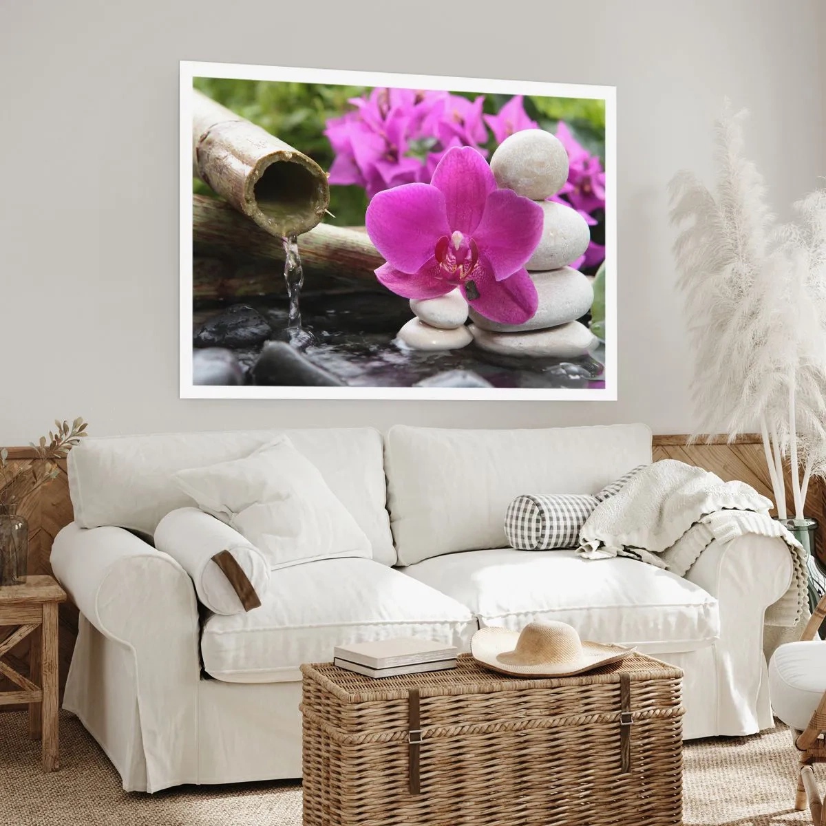 Affiche - Poster - Orchidée violette, pierres et bambou avec de l'eau dans un cadre relaxant - 100x70cm - Tu te reposes déjà - Décoration murale moderne pour le salon et la chambre ARTTOR