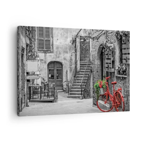 Impression sur toile - Image sur toile - Un vélo rouge dans une rue en noir et blanc - 70x50cm - Ruelle toscane - Décoration murale moderne pour le salon et la chambre ARTTOR