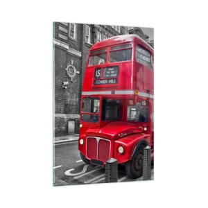 Impression sur verre - Image sur verre - Un bus rouge à impériale à Londres sur fond d'architecture classique - 80x120cm - Toujours la même chose - Décoration murale moderne pour le salon et la chambre ARTTOR