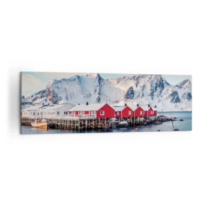 Impression sur toile - Image sur toile - Maisons rouges sur fond de montagnes enneigées et de mer bleue - 160x50cm - Retraite dans le nord - Décoration murale moderne pour le salon et la chambre ARTTOR