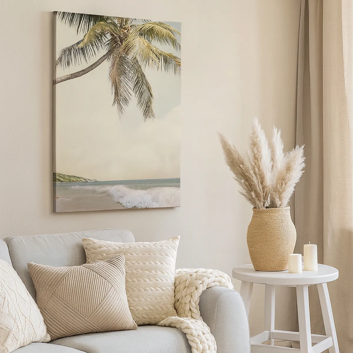 Impression sur toile - Image sur toile - Une plage avec des palmiers sur fond de mer calme - 50x70cm - Rêve tropical - Décoration murale moderne pour le salon et la chambre ARTTOR