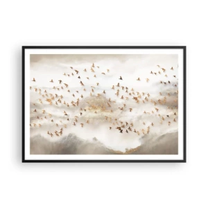 Affiche dans un cadre noir - Poster - Oiseaux dorés contre les montagnes brumeuses - 100x70cm - Il est l'heure… - Décoration murale moderne pour le salon et la chambre ARTTOR