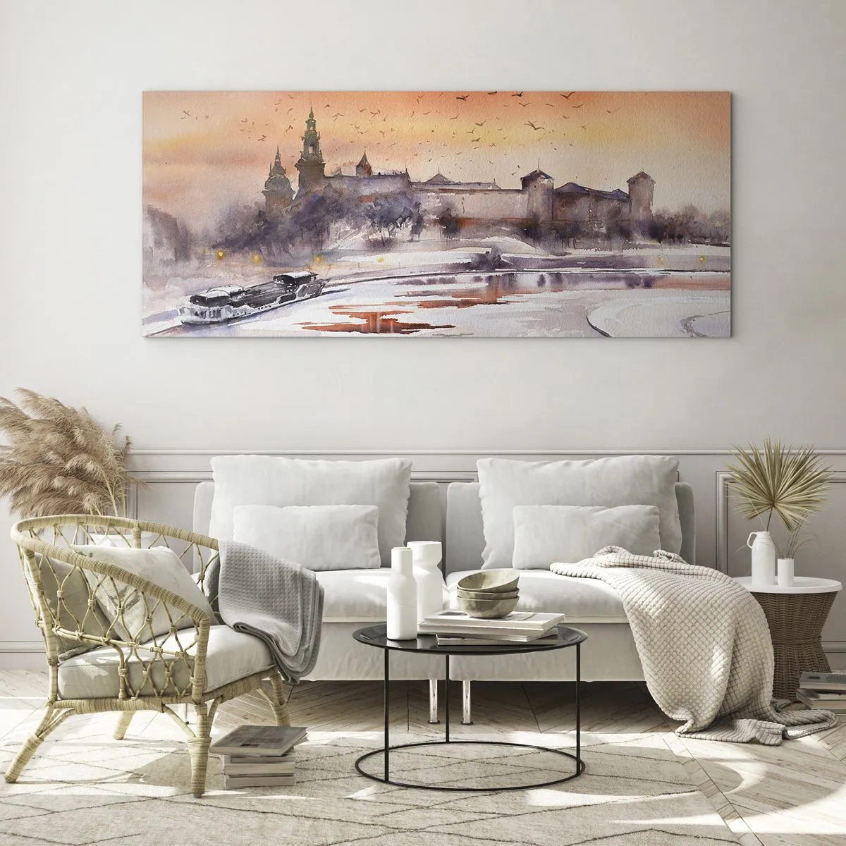 Impression sur verre - Image sur verre - Coucher de soleil sur le château dans un paysage hivernal - 140x50cm - Coucher de soleil royal - Décoration murale moderne pour le salon et la chambre ARTTOR