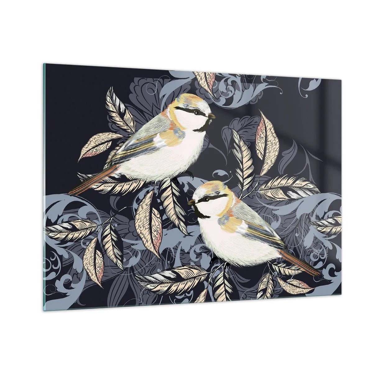 Impression sur verre - Image sur verre - Illustration de deux oiseaux sur un fond sombre avec des ornements - 100x70cm - Babillement jaune et bleu - Décoration murale moderne pour le salon et la chambre ARTTOR