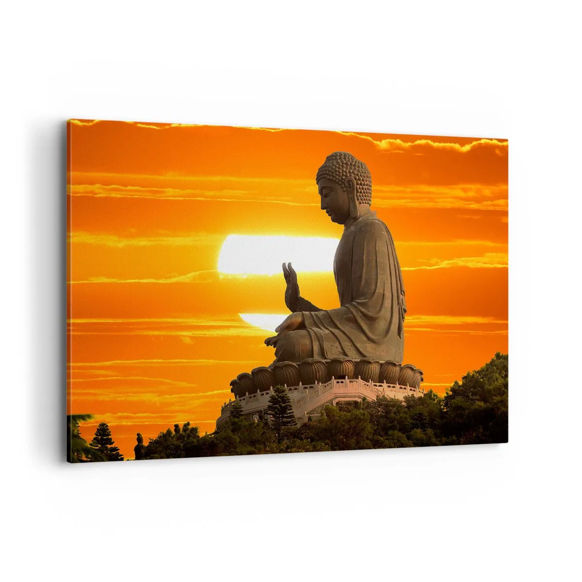 Impression sur toile - Image sur toile - Une statue bouddhiste sur fond de coucher de soleil orange - 120x80cm - Aucune peur du monde - Décoration murale moderne pour le salon et la chambre ARTTOR