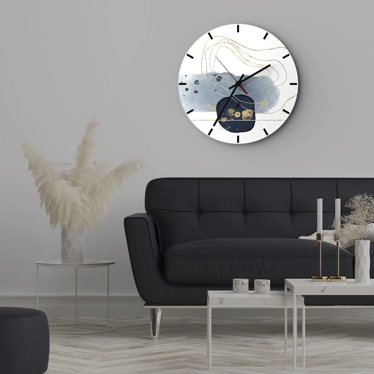 Horloge murale - Pendule murale - Composition abstraite dans les tons bleu et or - 30x30cm - Fantaisie bleu et or - Décoration murale moderne pour le salon, la cuisine et la chambre ARTTOR
