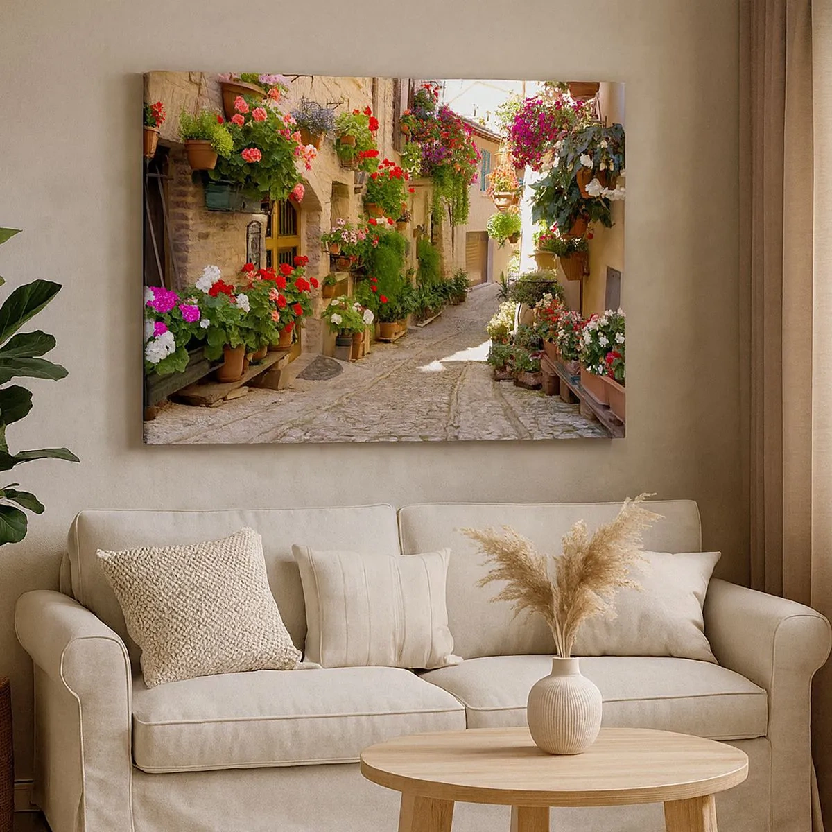 Impression sur toile - Image sur toile - Une rue avec des pots de fleurs et des murs de pierre - 70x50cm - Une inondation de fleurs  - Décoration murale moderne pour le salon et la chambre ARTTOR