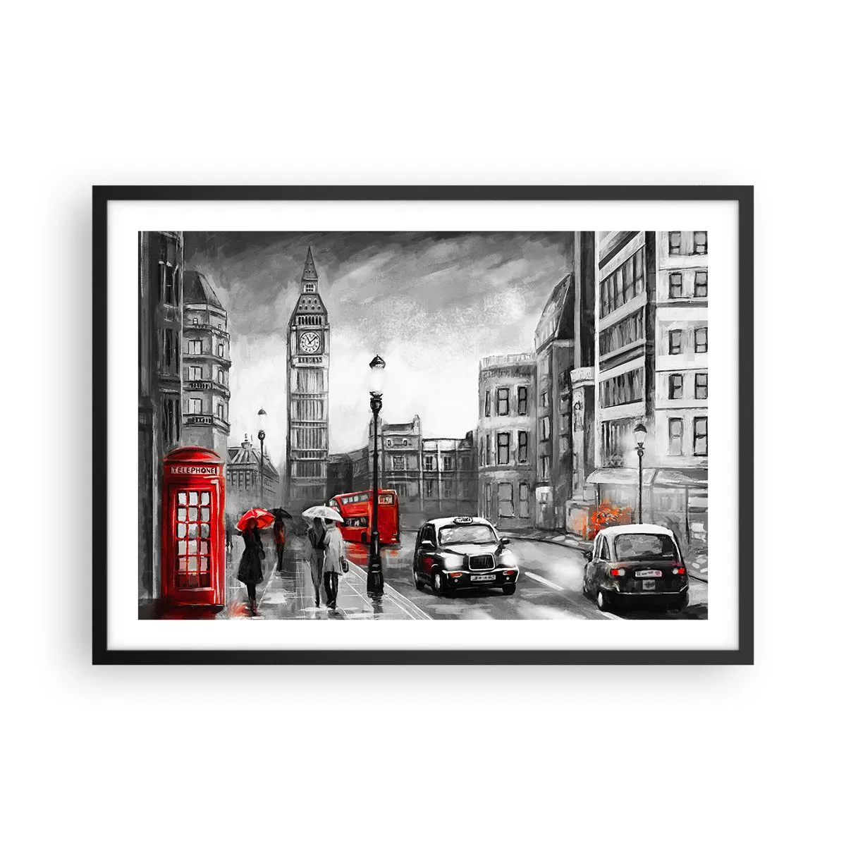 Affiche dans un cadre noir - Poster - Une scène londonienne en noir et blanc avec des accents rouges - 70x50cm - Pas du tout une ville grise - Décoration murale moderne pour le salon et la chambre ARTTOR