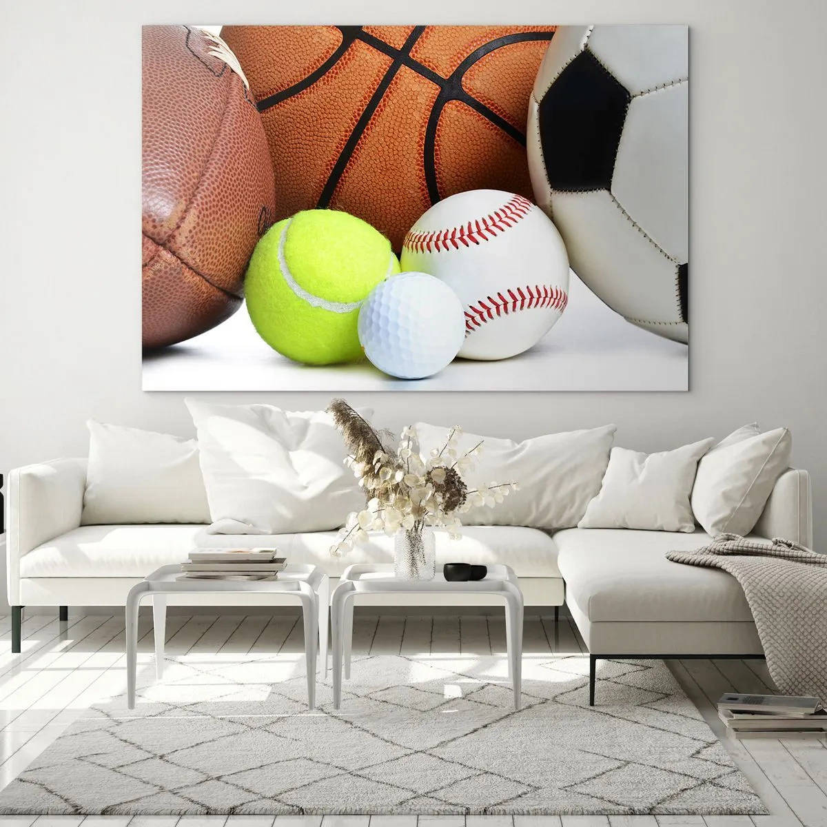Impression sur verre - Image sur verre - Un ensemble de ballons de sport sur fond blanc - 100x70cm - Le football nous connecte ! - Décoration murale moderne pour le salon et la chambre ARTTOR