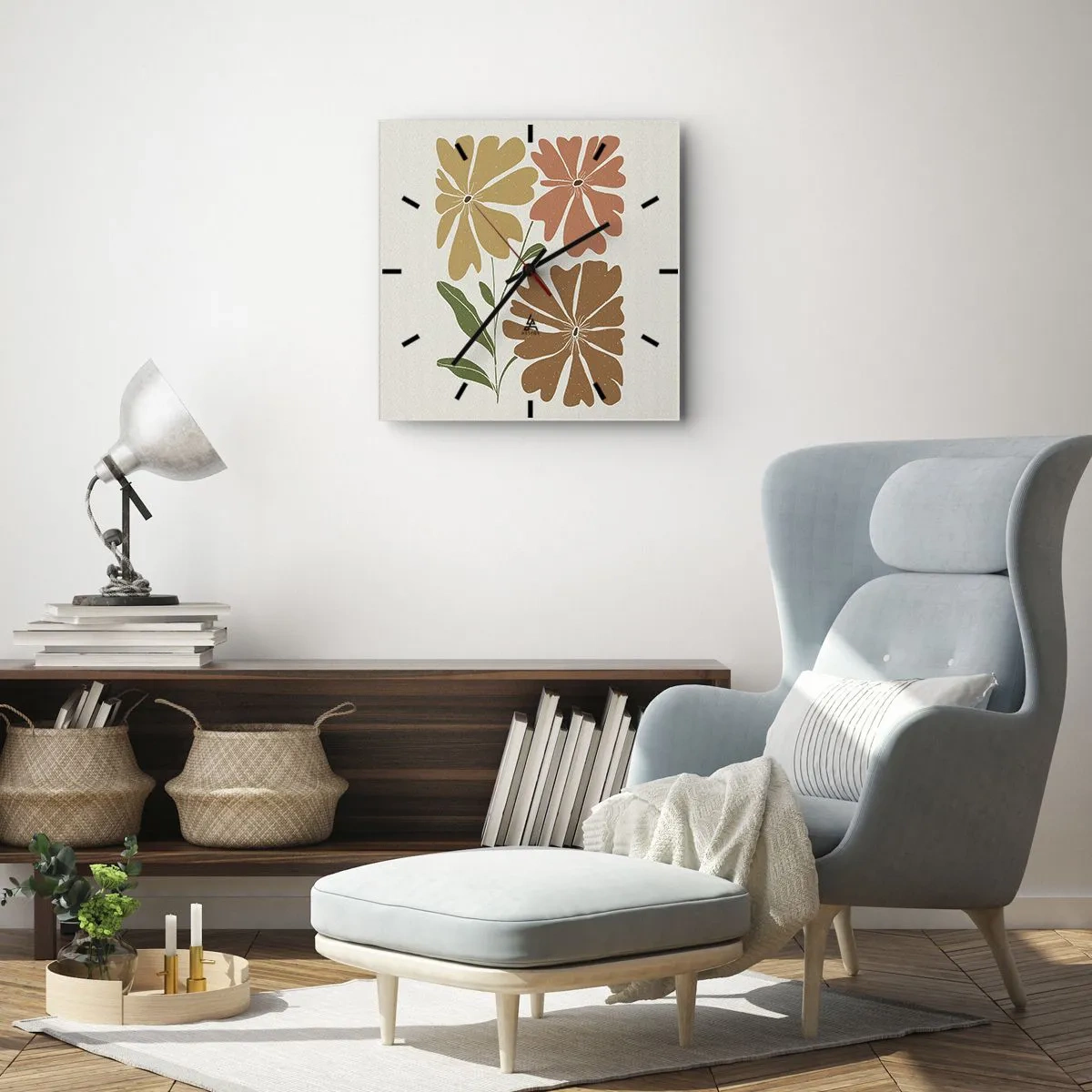 Horloge murale - Pendule murale - Trois fleurs aux couleurs chaudes sur un fond clair - 30x30cm - Nature et géométrie - Décoration murale moderne pour le salon et la chambre ARTTOR