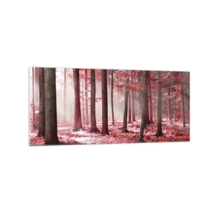 Impression sur verre - Image sur verre - Une forêt époustouflante aux teintes rouges avec des rayons de lumière pénétrant à travers les arbres - 120x50cm - Le rouge est tout aussi beau - Décoration murale moderne pour le salon et la chambre ARTTOR