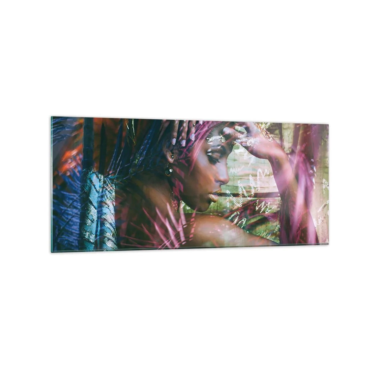 Impression sur verre - Image sur verre - Portrait d'une femme entourée d'une végétation exotique - 120x50cm - Dame Nature dans la jungle - Décoration murale moderne pour le salon et la chambre ARTTOR