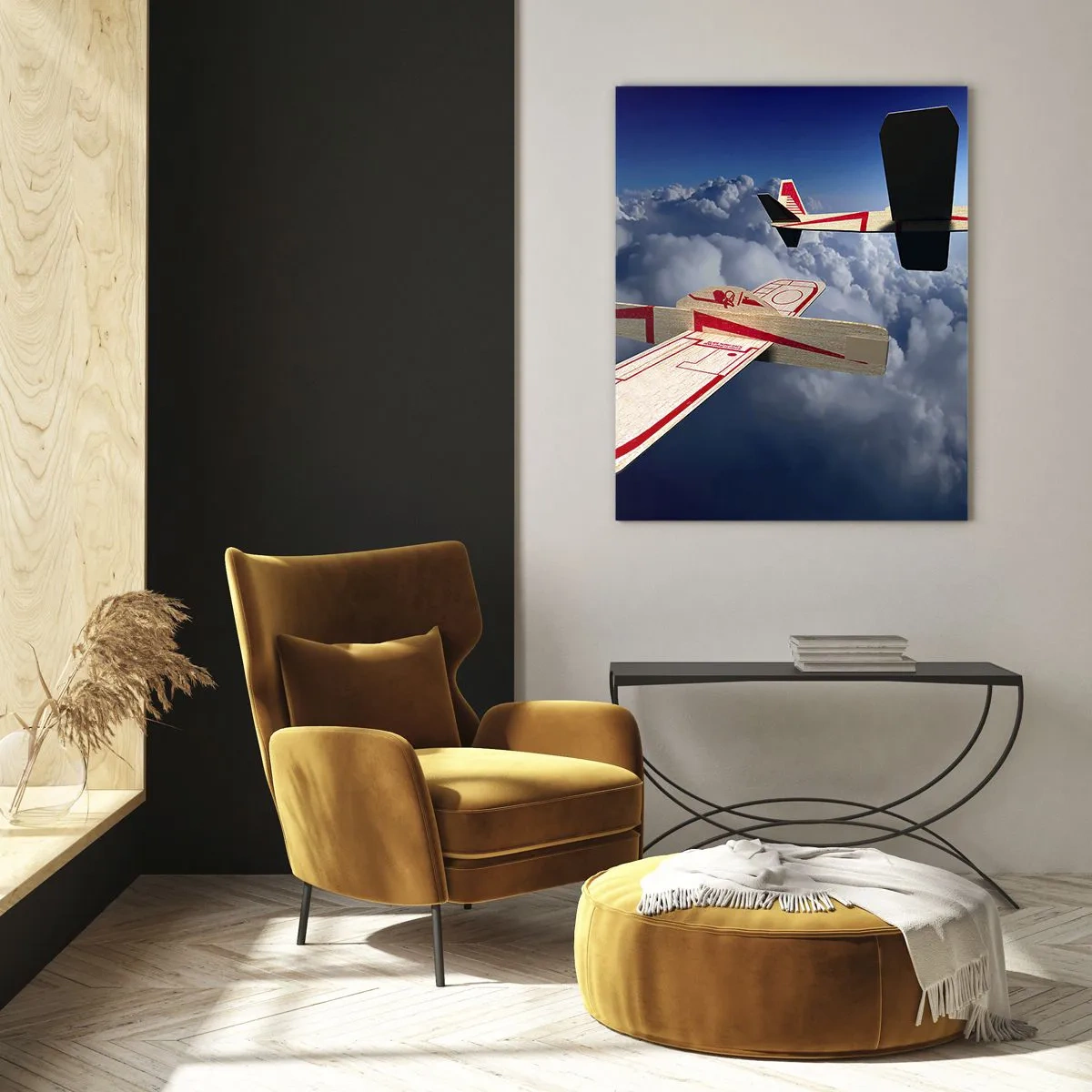 Impression sur verre - Image sur verre - Deux avions en bois planant au-dessus des nuages contre un ciel bleu. - 70x100cm - Encore plus haut, encore plus loin - Décoration murale moderne pour le salon et la chambre ARTTOR