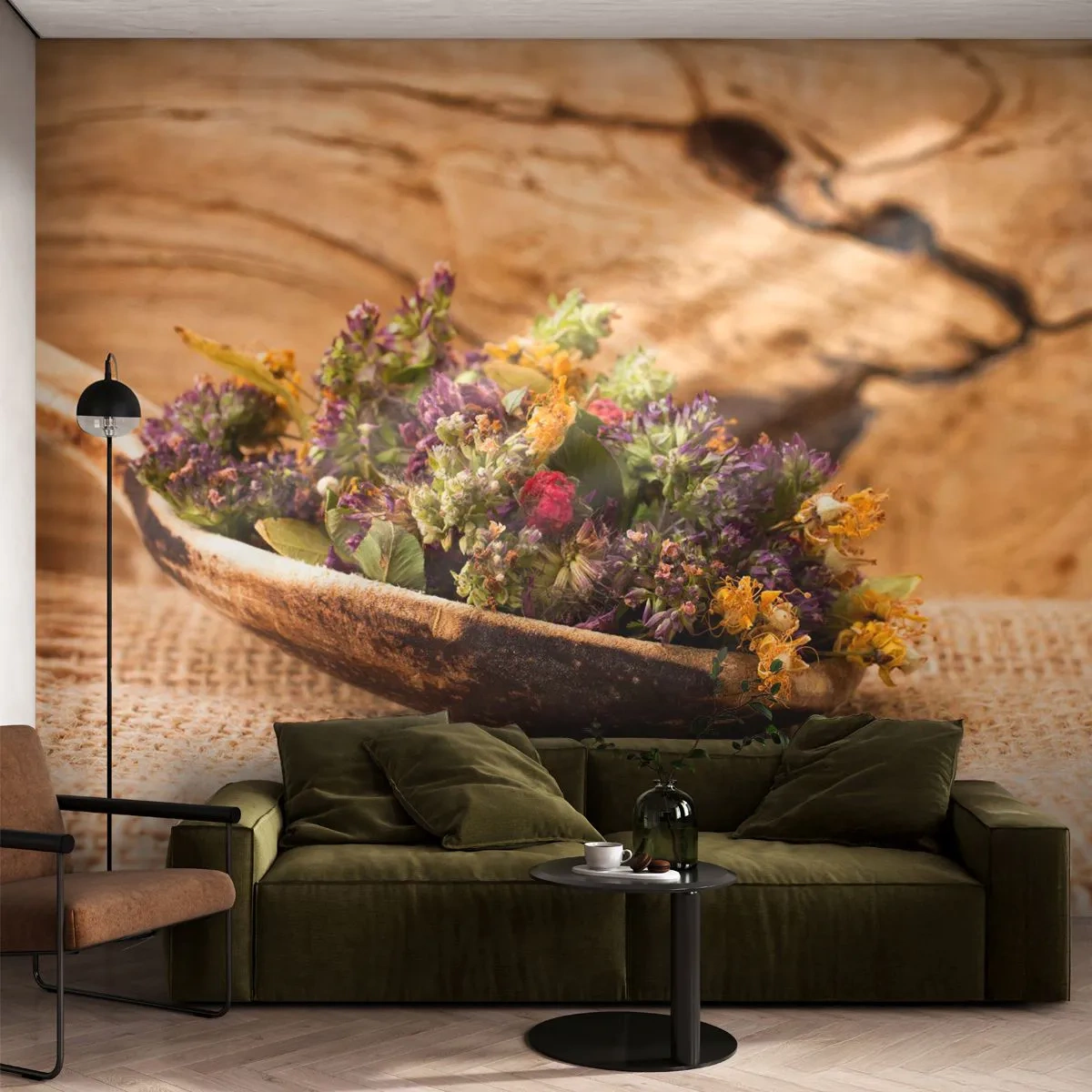 Papier Peint Photo Premium Sand - Herbes séchées sur une cuillère en bois rustique - 100x70cm - Fleurs colorées et herbes parfumées - Décoration murale moderne pour le salon et la chambre ARTTOR