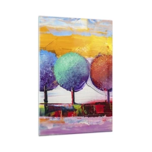 Impression sur verre - Image sur verre - Trois arbres colorés sur un fond abstrait - 80x120cm - Art jusqu'à trois - Décoration murale moderne pour le salon et la chambre ARTTOR