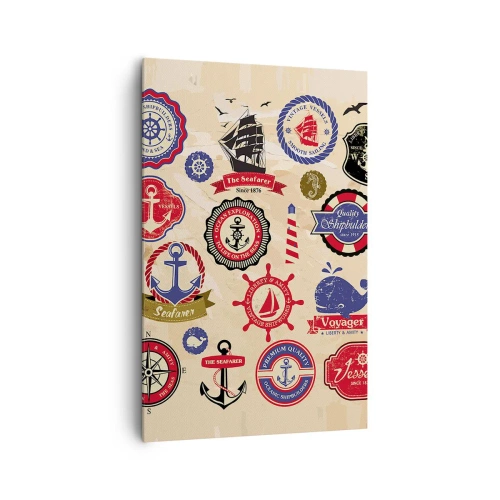 Impression sur toile - Image sur toile - Une collection de graphiques et de symboles nautiques sur fond clair - 80x120cm - La fraternité de la voile - Décoration murale moderne pour le salon et la chambre ARTTOR