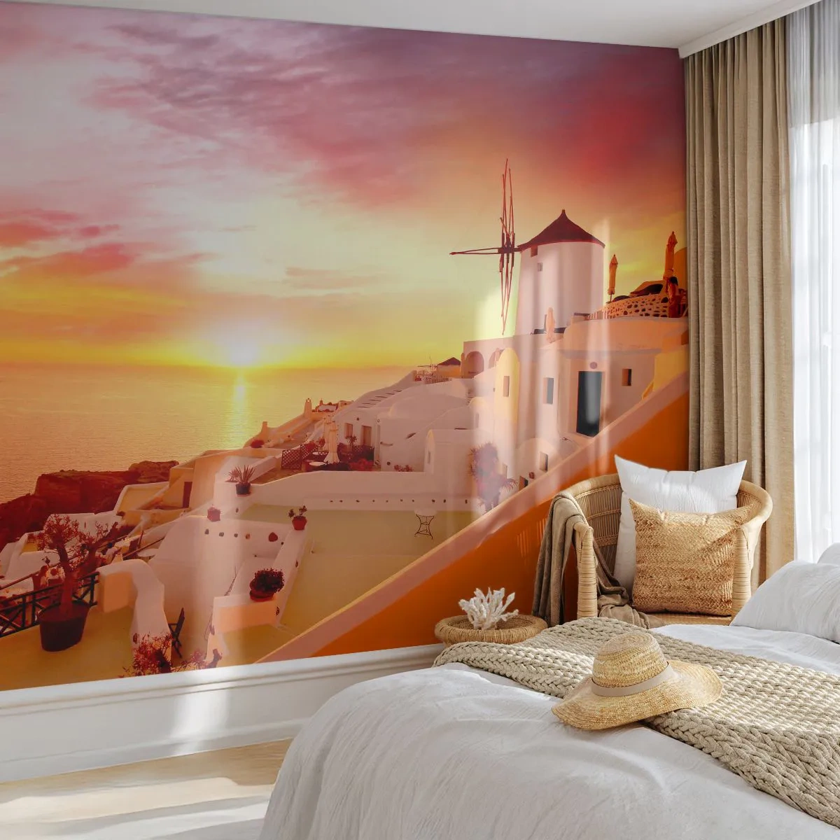 Papier Peint Photo Premium Canvas - Fondre en blanc et or - Paysage, Santorin, Grèce - 200x140 cm