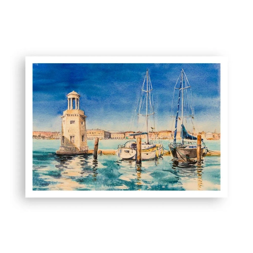 Affiche - Poster - Marina avec bateaux sur fond de lagon bleu - 100x70cm - Lagune ensoleillée - Décoration murale moderne pour le salon et la chambre ARTTOR