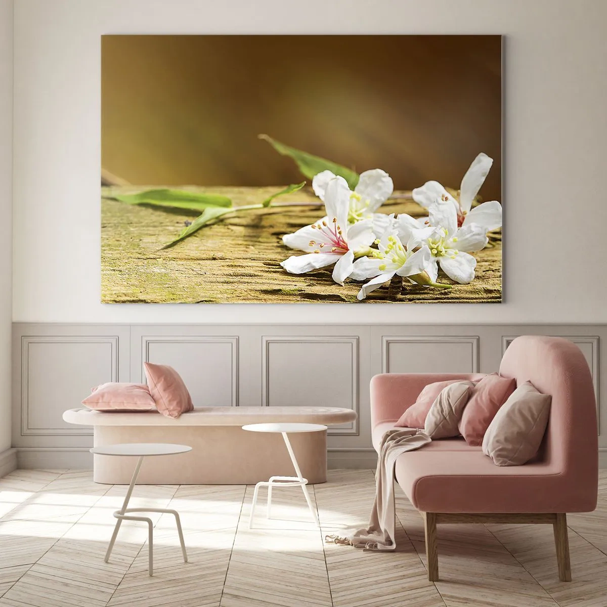 Impression sur verre - Image sur verre - Fleurs blanches sur fond de bois dans une lumière chaude - 70x50cm - Une promesse innocente - Décoration murale moderne pour le salon et la chambre ARTTOR