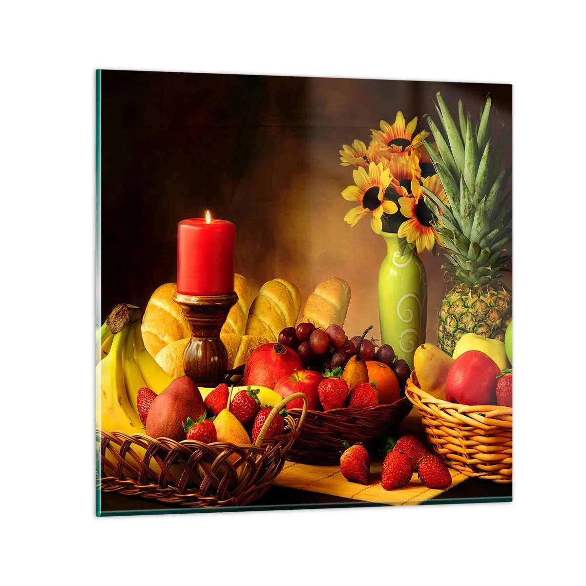 Impression sur verre - Image sur verre - Nature morte de pain et de fruits - 70x70 cm