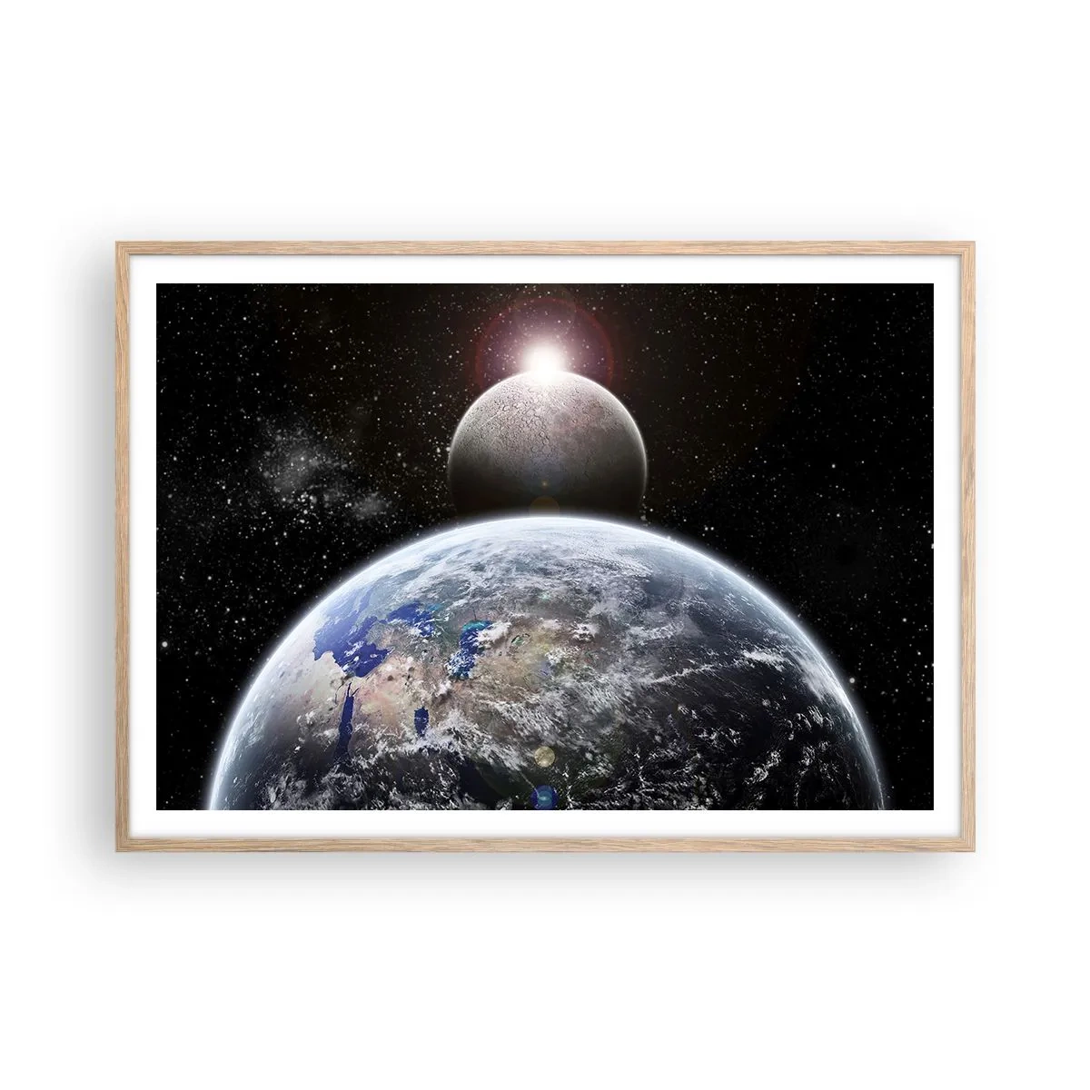 Affiche dans un chêne clair - Poster - Paysage cosmique - lever de soleil - 100x70 cm