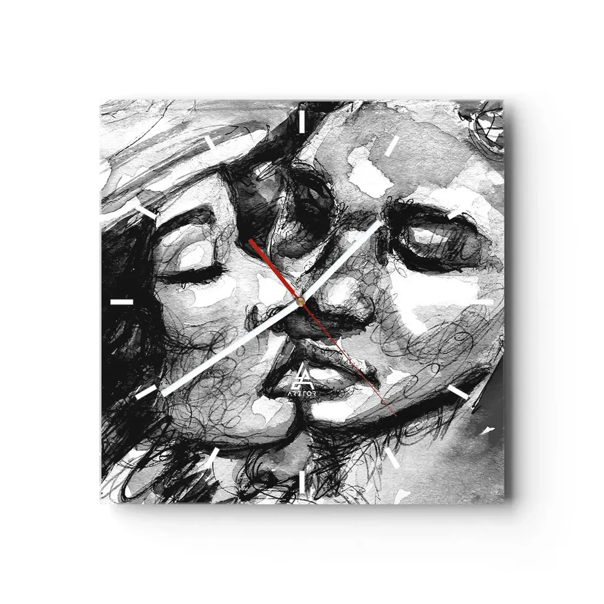 Horloge murale - Pendule murale - Une aquarelle en noir et blanc représentant un moment intime entre deux personnes. - 30x30cm - Un moment tendre - Décoration murale moderne pour le salon et la chambre ARTTOR