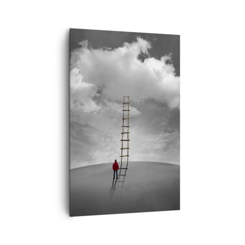 Impression sur toile - Image sur toile - Une personne portant un manteau rouge et une échelle menant à un nuage - 80x120cm - Tout est possible - Décoration murale moderne pour le salon et la chambre ARTTOR