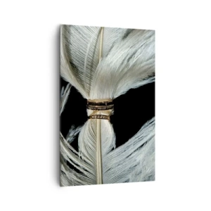 Impression sur toile - Image sur toile - Une plume blanche avec deux anneaux d'or sur fond noir - 80x120cm - ... et je ne te laisserai pas ... - Décoration murale moderne pour le salon et la chambre ARTTOR