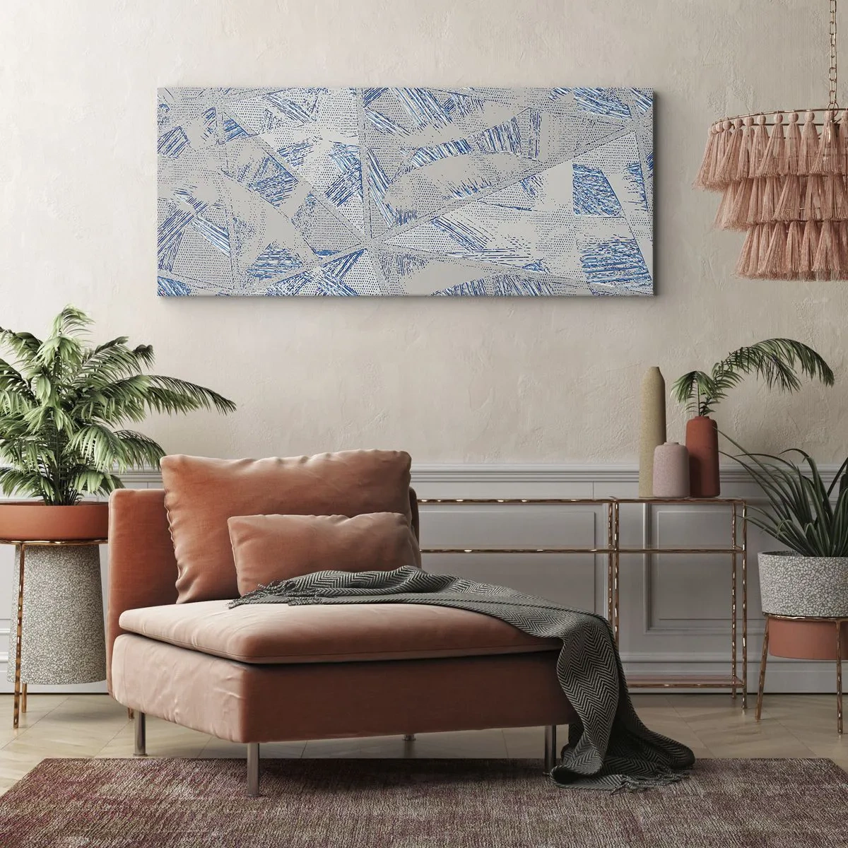 Impression sur toile - Image sur toile - Motifs géométriques dans les tons de bleu et de gris - 120x50cm - Dans un labyrinthe bleu-gris - Décoration murale moderne pour le salon et la chambre ARTTOR