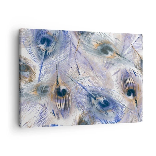 Impression sur toile - Image sur toile - Un motif avec des plumes de paon dans des tons de bleu et d'or - 70x50cm - Composition de paon - Décoration murale moderne pour le salon et la chambre ARTTOR