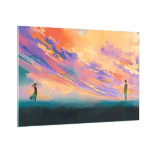 Impression sur verre - Image sur verre - Deux personnes sur fond de ciel coucher de soleil coloré - 100x70cm - La force d'attraction - Décoration murale moderne pour le salon et la chambre ARTTOR