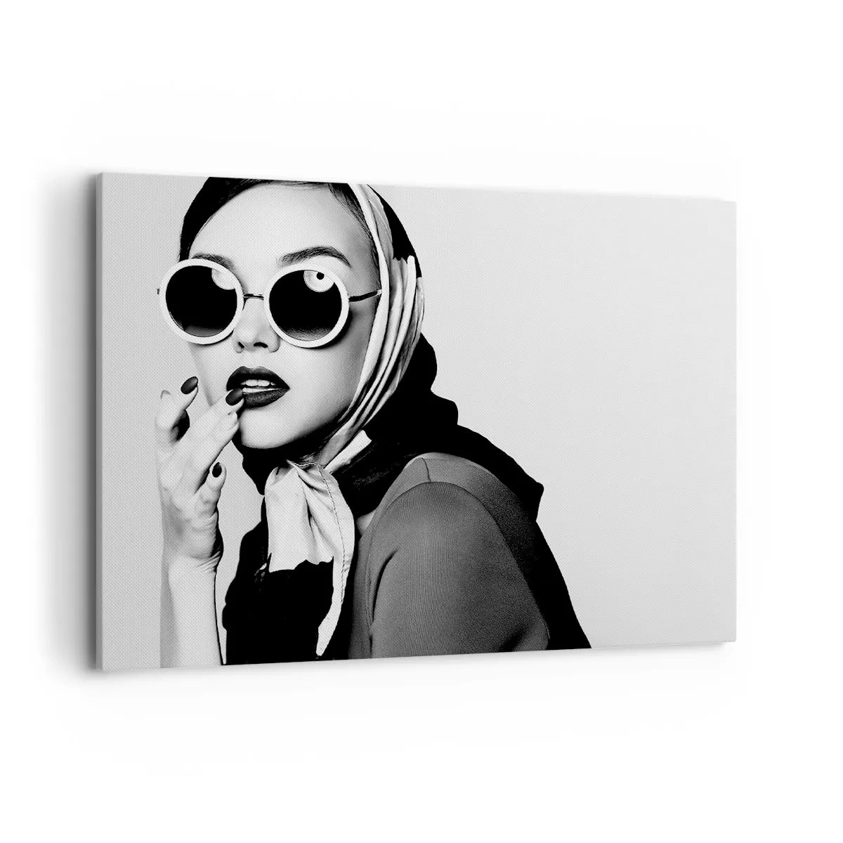 Impression sur toile - Image sur toile - Portrait en noir et blanc d'une femme portant des lunettes et un foulard - 100x70cm - Salutations des années 60 - Décoration murale moderne pour le salon et la chambre ARTTOR