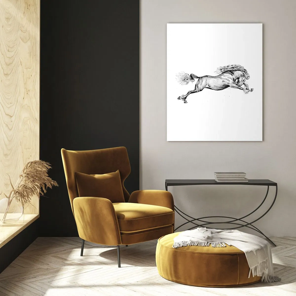 Impression sur verre - Image sur verre - Croquis d'un cheval au galop dynamique sur fond blanc - 80x120cm - Immortalisé au galop - Décoration murale moderne pour le salon et la chambre ARTTOR