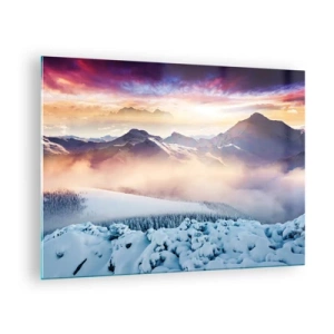 Impression sur verre - Image sur verre - Paysage de montagne d'hiver avec soleil couchant et brouillard - 70x50cm - La force et la pureté de la nature - Décoration murale moderne pour le salon et la chambre ARTTOR