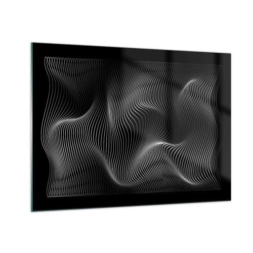 Impression sur verre - Image sur verre - Des lignes blanches hypnotisantes ondulant sur un fond noir - 70x50cm - Danse de lumière dans l'espace - Décoration murale moderne pour le salon et la chambre ARTTOR