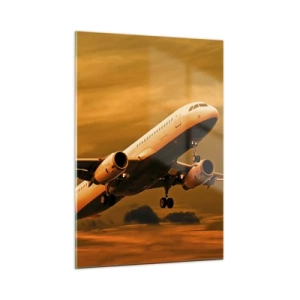 Impression sur verre - Image sur verre - Un avion décollant dans un ciel orange - 50x70cm - Vol vers le soleil - Décoration murale moderne pour le salon et la chambre ARTTOR