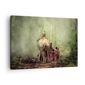Impression sur toile - Image sur toile - Enfants avec un éléphant dans une forêt verte à la lumière du matin - 70x50cm - Nouveau livre de la jungle - Décoration murale moderne pour le salon et la chambre ARTTOR