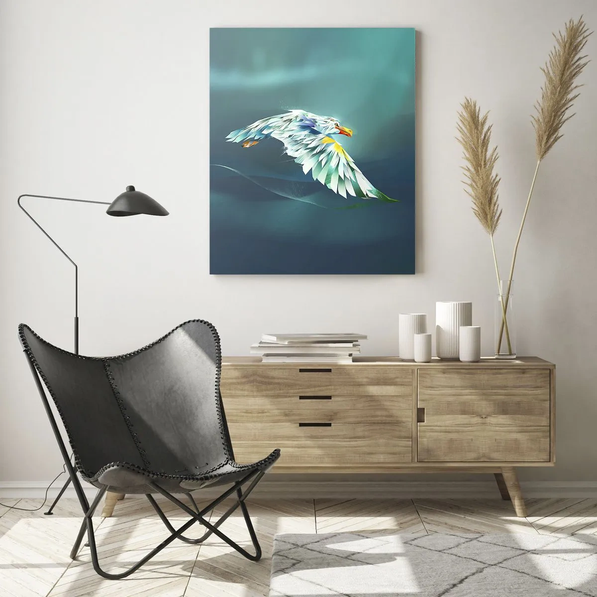 Impression sur verre - Image sur verre - Aigle abstrait en vol contre un ciel turquoise - 80x120cm - Aigle, puissance de tes vols - Décoration murale moderne pour le salon et la chambre ARTTOR