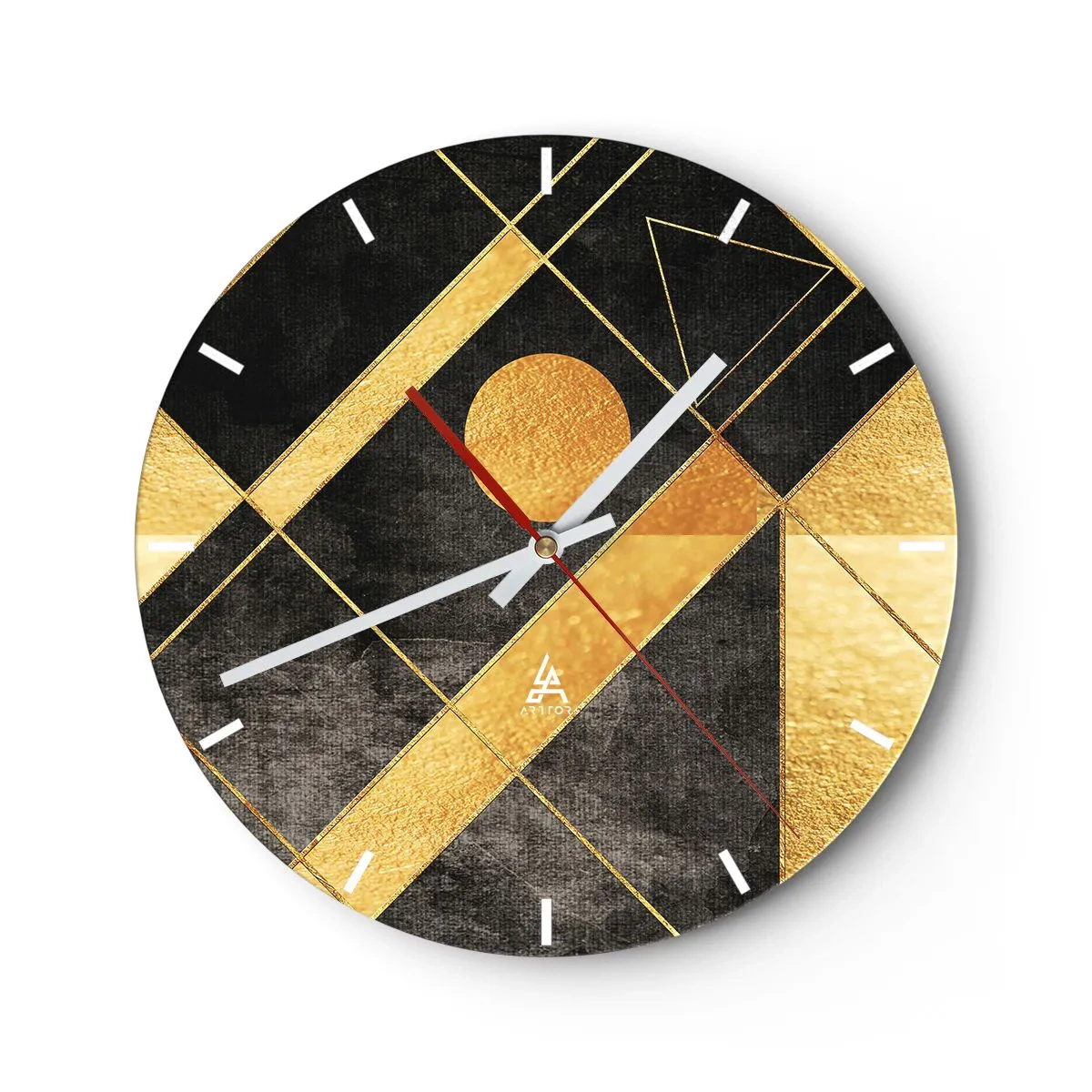 Horloge murale - Pendule murale - Formes géométriques dorées sur fond noir avec un motif de soleil - 30x30cm - Soleil du désert - Décoration murale moderne pour le salon, la cuisine et la chambre ARTTOR