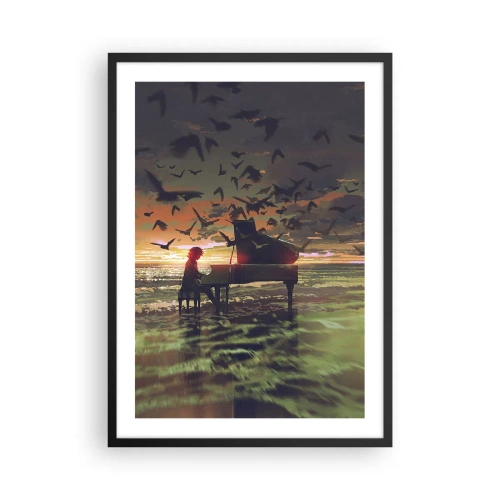 Affiche dans un cadre noir - Poster - Silhouette d'un pianiste sur fond de coucher de soleil - 50x70cm - Concert pour piano et vagues - Décoration murale moderne pour le salon et la chambre ARTTOR