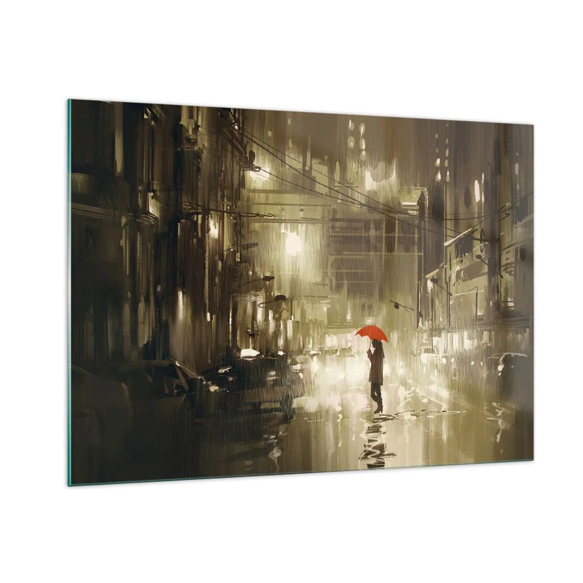 Impression sur verre - Image sur verre - Personne avec un parapluie rouge dans la lumière pluvieuse de la ville la nuit - 100x70cm - Seule mais pas solitaire - Décoration murale moderne pour le salon et la chambre ARTTOR