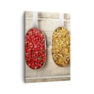 Impression sur toile - Image sur toile - Trois cuillères en métal avec des épices sur un fond en bois - 50x70cm - Magie de la cuisine - Décoration murale moderne pour le salon et la chambre ARTTOR