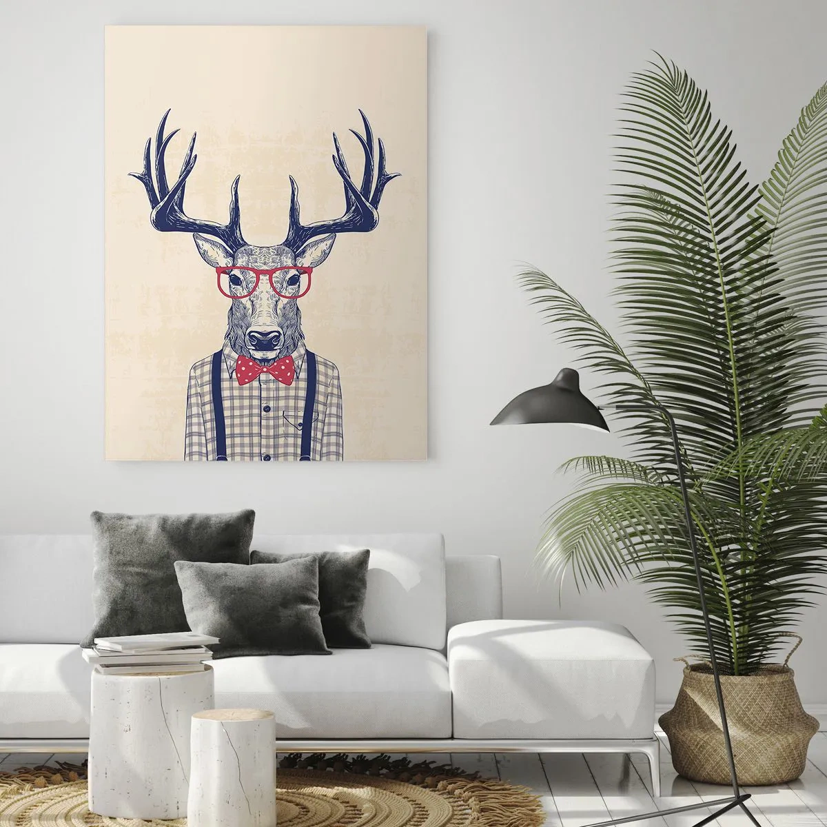 Impression sur verre - Image sur verre - Graphique stylisé d'un cerf portant des lunettes et un nœud papillon - 80x120cm - Une extravagance amusante - Décoration murale moderne pour le salon et la chambre ARTTOR