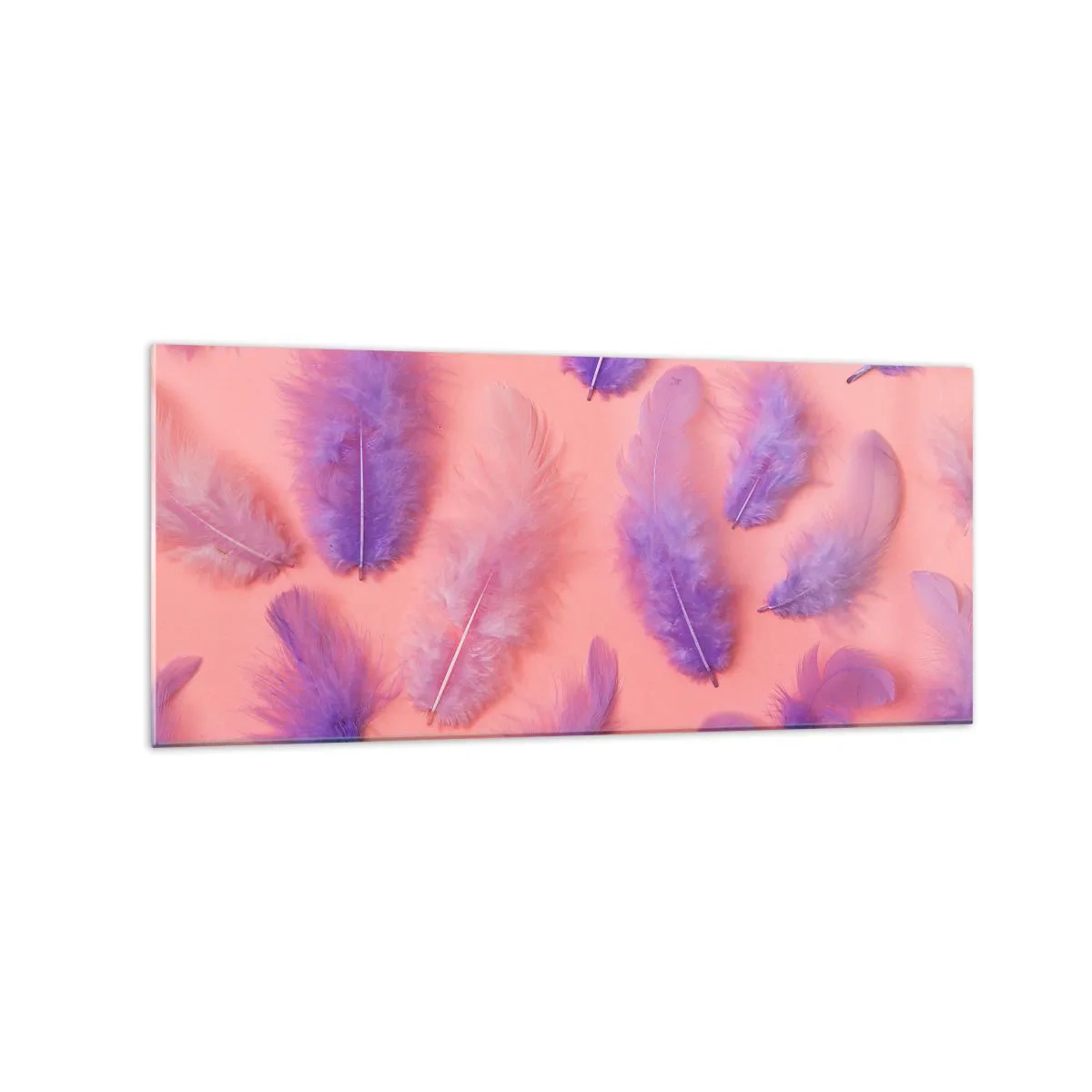 Impression sur verre - Image sur verre - Plumes violettes et roses sur fond pastel - 120x50cm - Oiseau de désir lilas - Décoration murale moderne pour le salon et la chambre ARTTOR